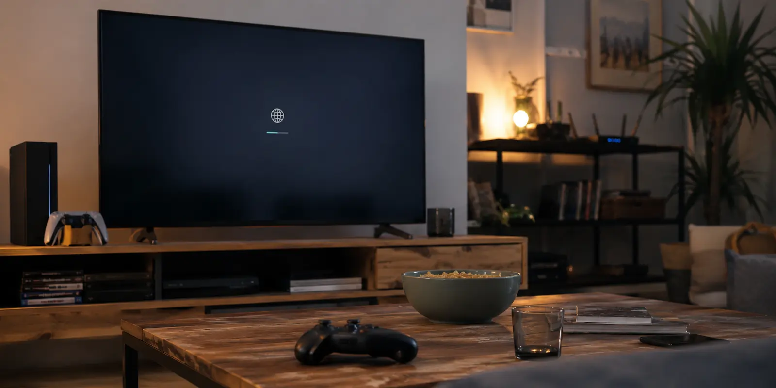 Console et téléviseur dans un salon où la connexion du jeu en ligne échoue sur le réseau local.