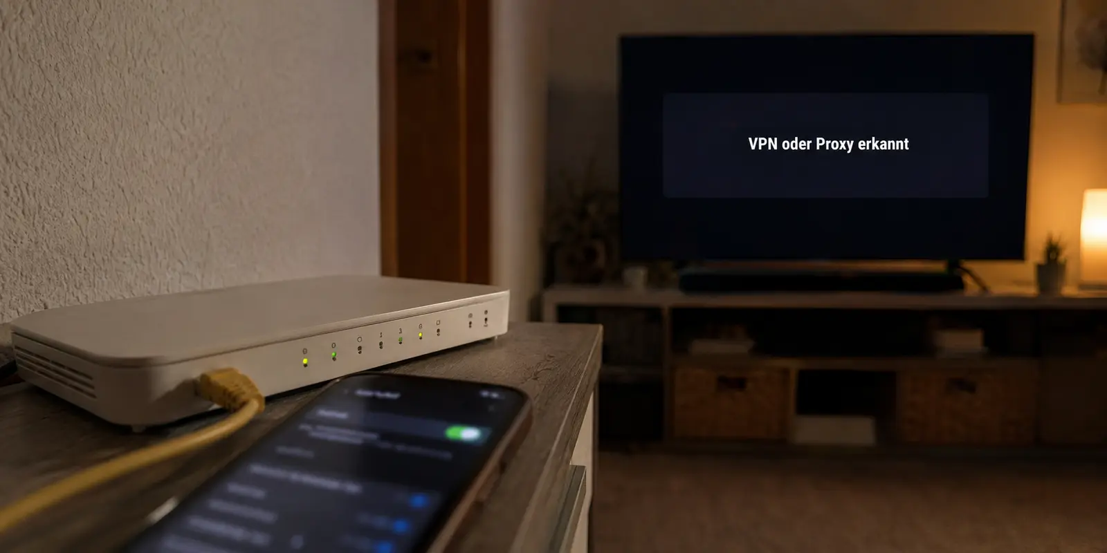 Heimrouter und Fernseher in einem deutschen Wohnzimmer mit der Meldung VPN oder Proxy erkannt