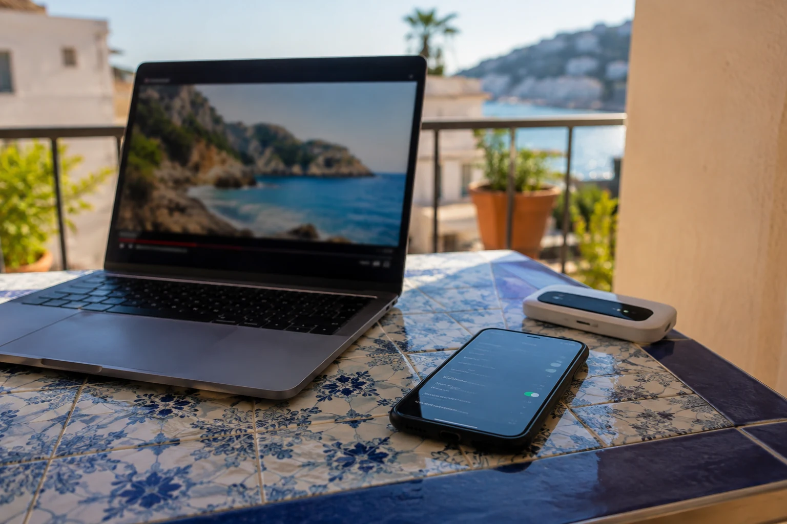 Laptop und mobiler Hotspot während eines laufenden Streams