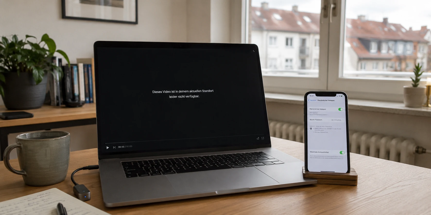 Laptop mit nicht verfügbarem Stream und deutschem Mobilfunk-Hotspot in einer Wohnung