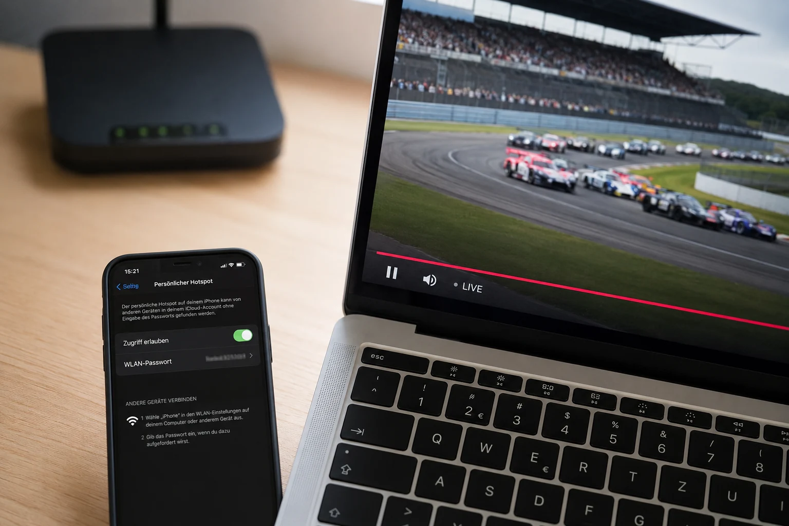 Streaming läuft über einen deutschen Mobilfunk-Hotspot auf dem Laptop