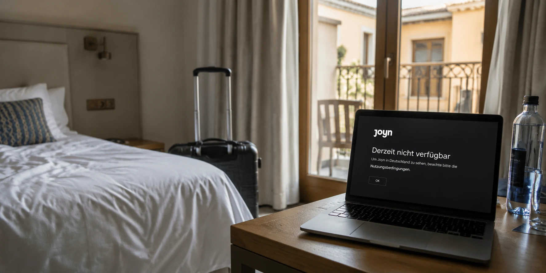 Laptop im spanischen Hotel mit nicht verfügbarem Joyn-Inhalt und Reisegepäck
