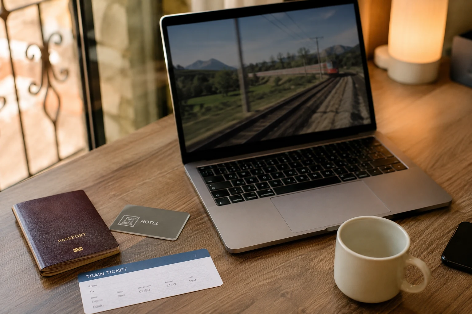Reisedesk mit laufendem Stream, Pass und EU-Zugtickets