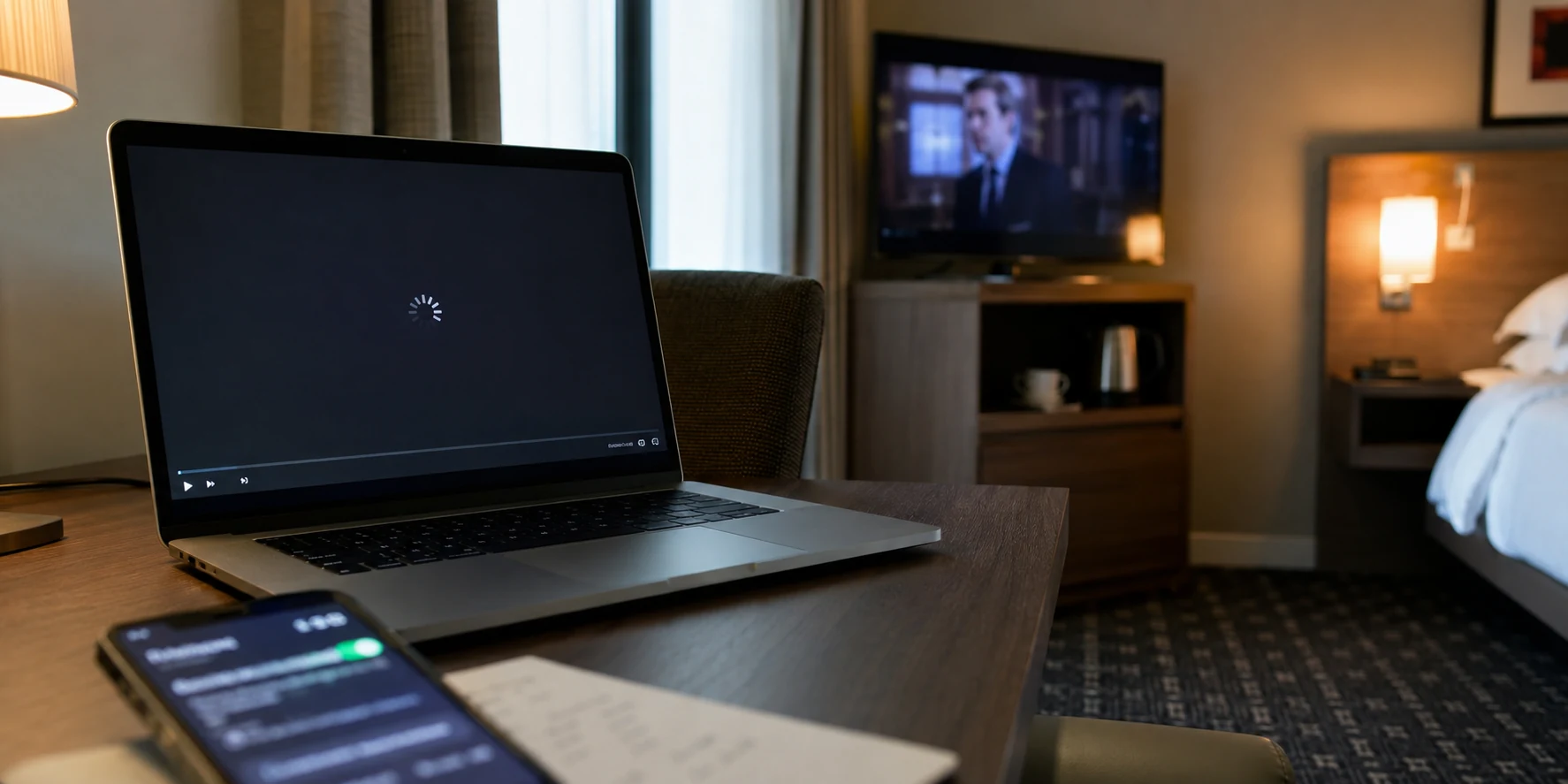 Laptop mit hängendem Stream im Hotelzimmer, während ein Fernseher im Hintergrund läuft