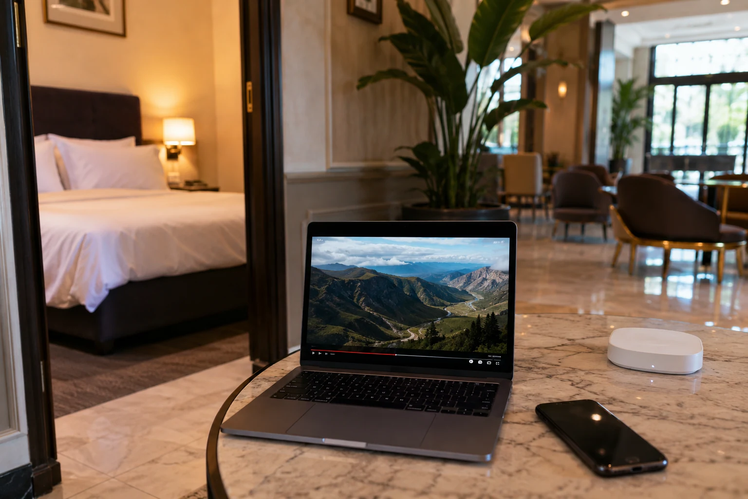Laptop mit laufendem Video in der Hotellobby und wechselndem WLAN-Zugangspunkt