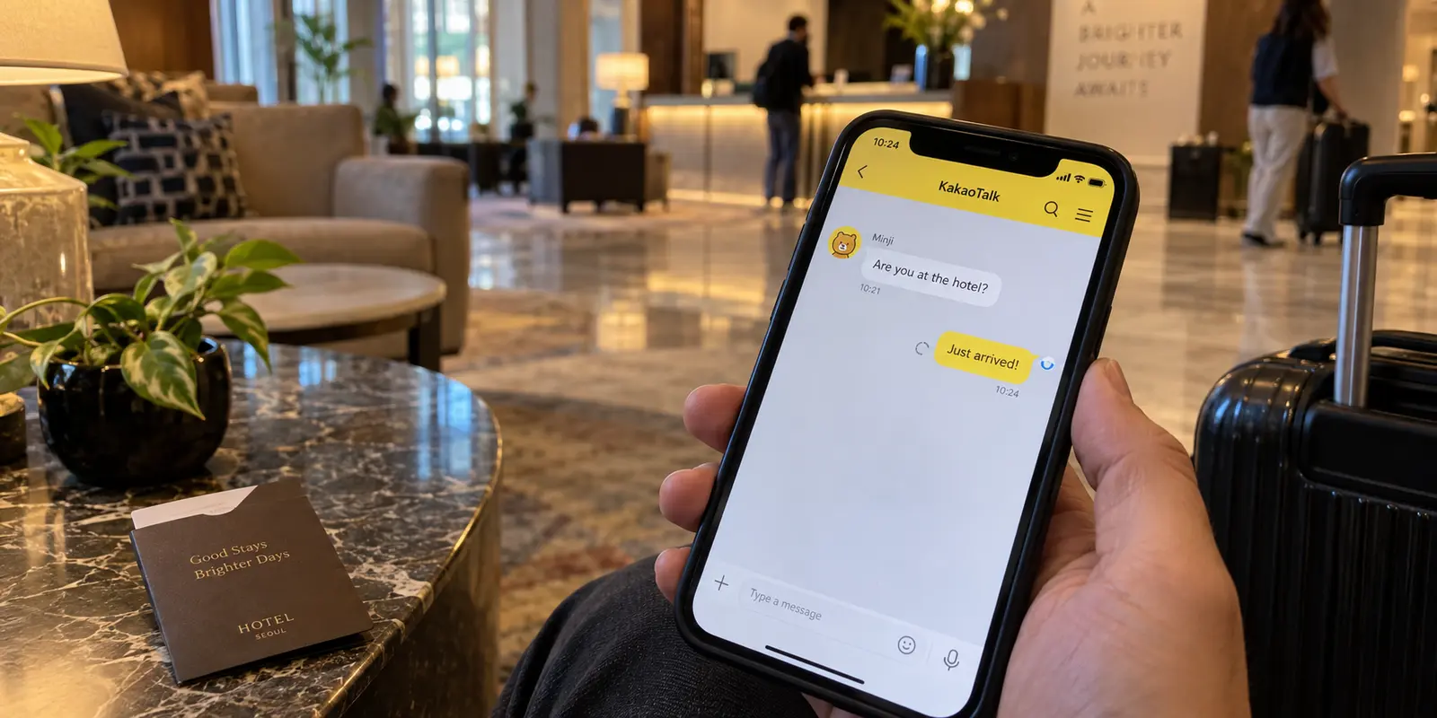 A KakaoTalk message remains stuck sending on a traveler’s phone in a hotel lobby