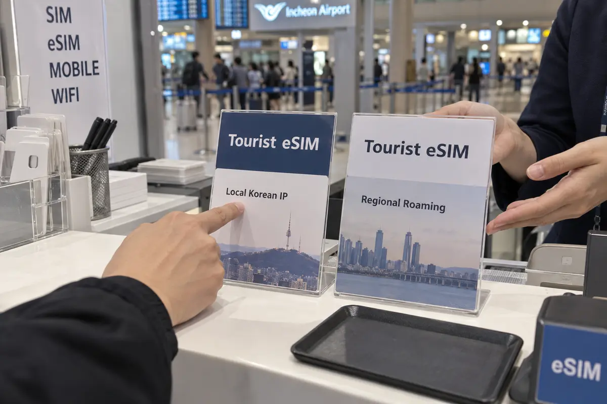A traveler compares a local Korean IP eSIM with a regional roaming eSIM at Incheon Airport