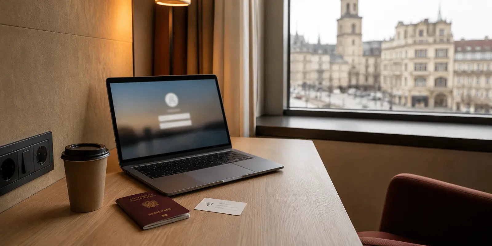 Laptop, Fernseher und Router in einer realistischen Reisesituation mit blockiertem oder unterbrochenem Zugriff.