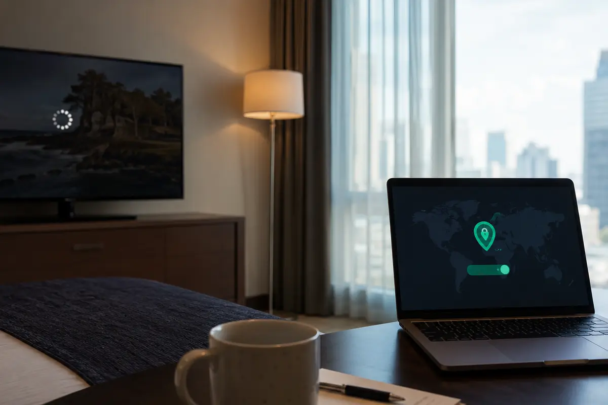 Laptop, Fernseher und Router in einer realistischen Reisesituation mit blockiertem oder unterbrochenem Zugriff.
