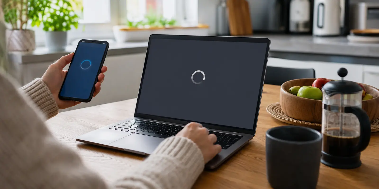 Laptop, Fernseher und Router in einer realistischen Reisesituation mit blockiertem oder unterbrochenem Zugriff.
