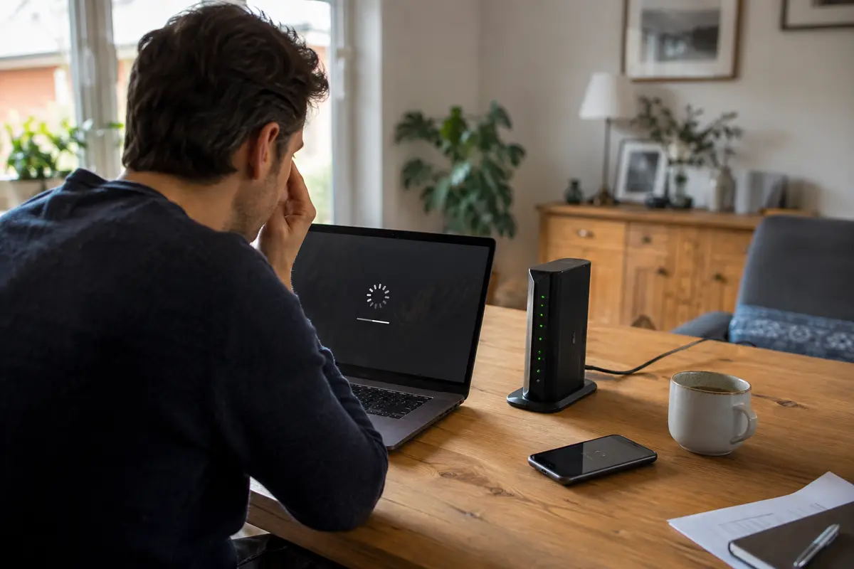 Laptop, Fernseher und Router in einer realistischen Reisesituation mit blockiertem oder unterbrochenem Zugriff.