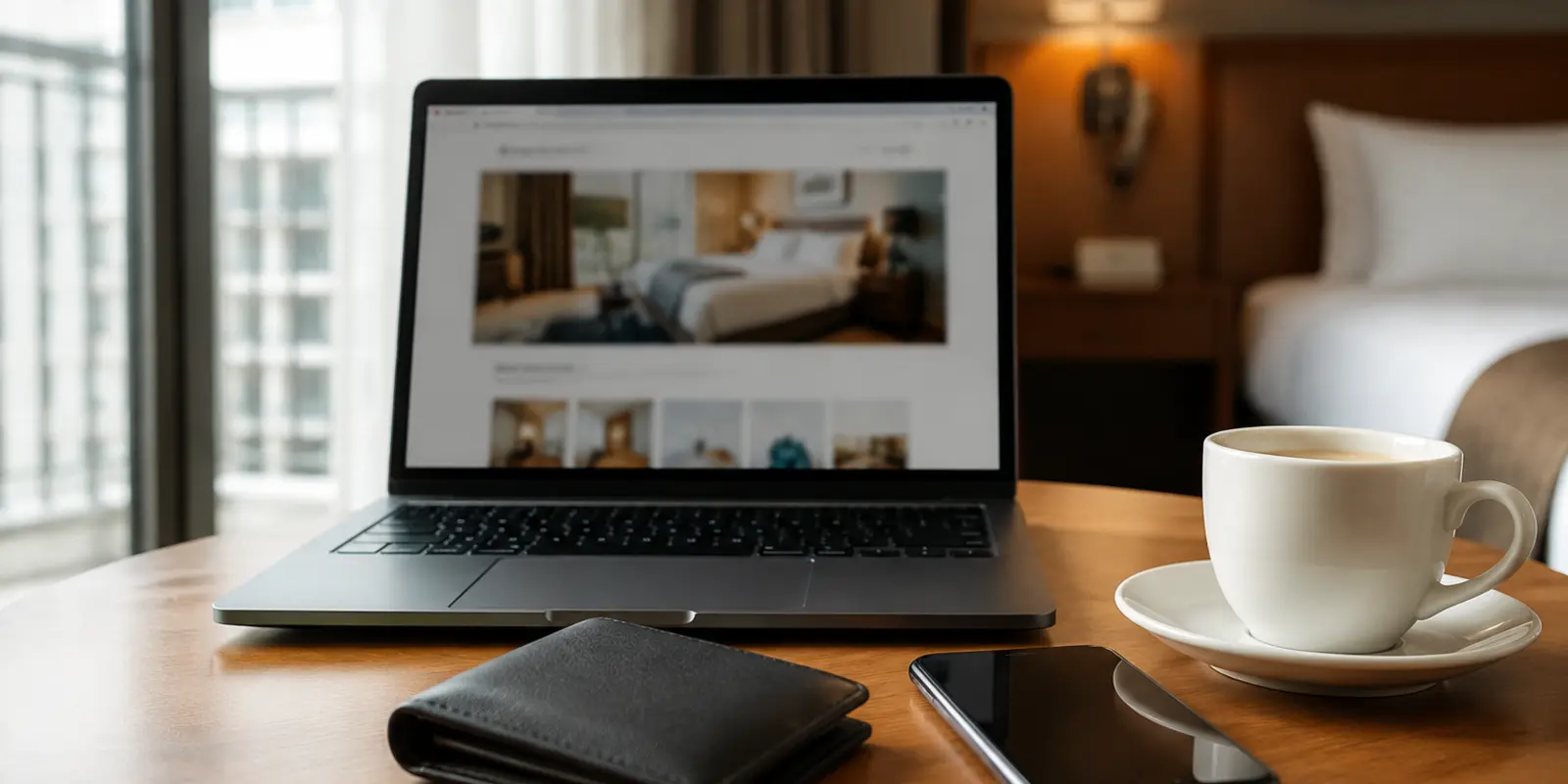 Laptop, Fernseher und Router in einer realistischen Reisesituation mit blockiertem oder unterbrochenem Zugriff.