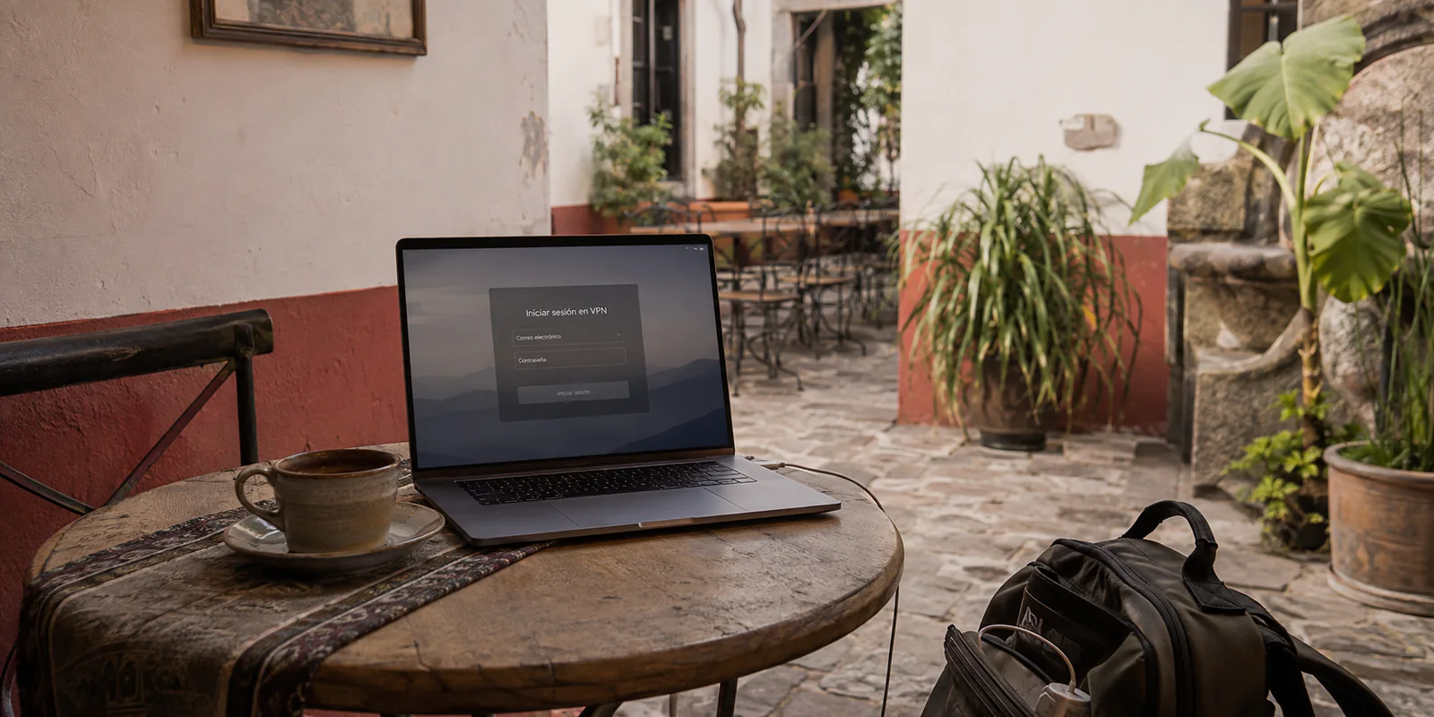 Portátil con una pantalla de inicio de sesión de VPN en un café de Antigua Guatemala