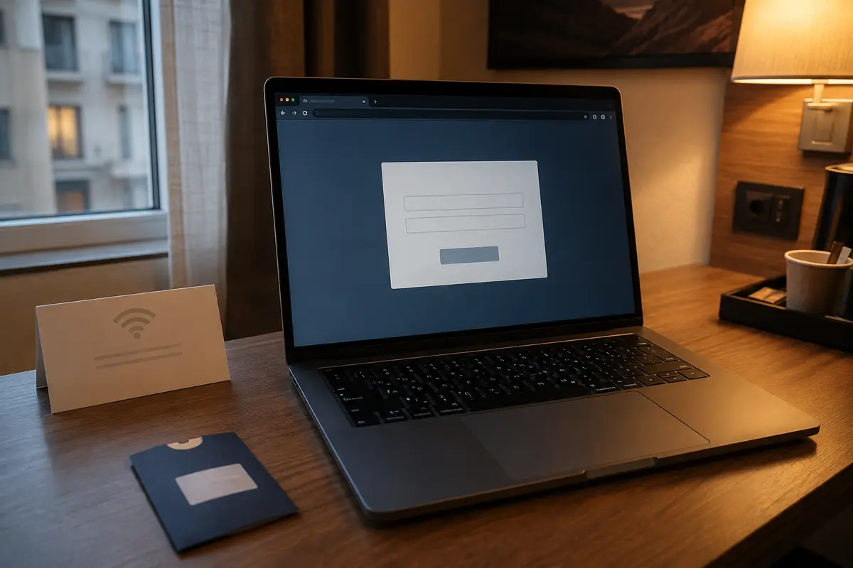 Un portátil muestra el portal de acceso a la red Wi-Fi de una habitación de hotel