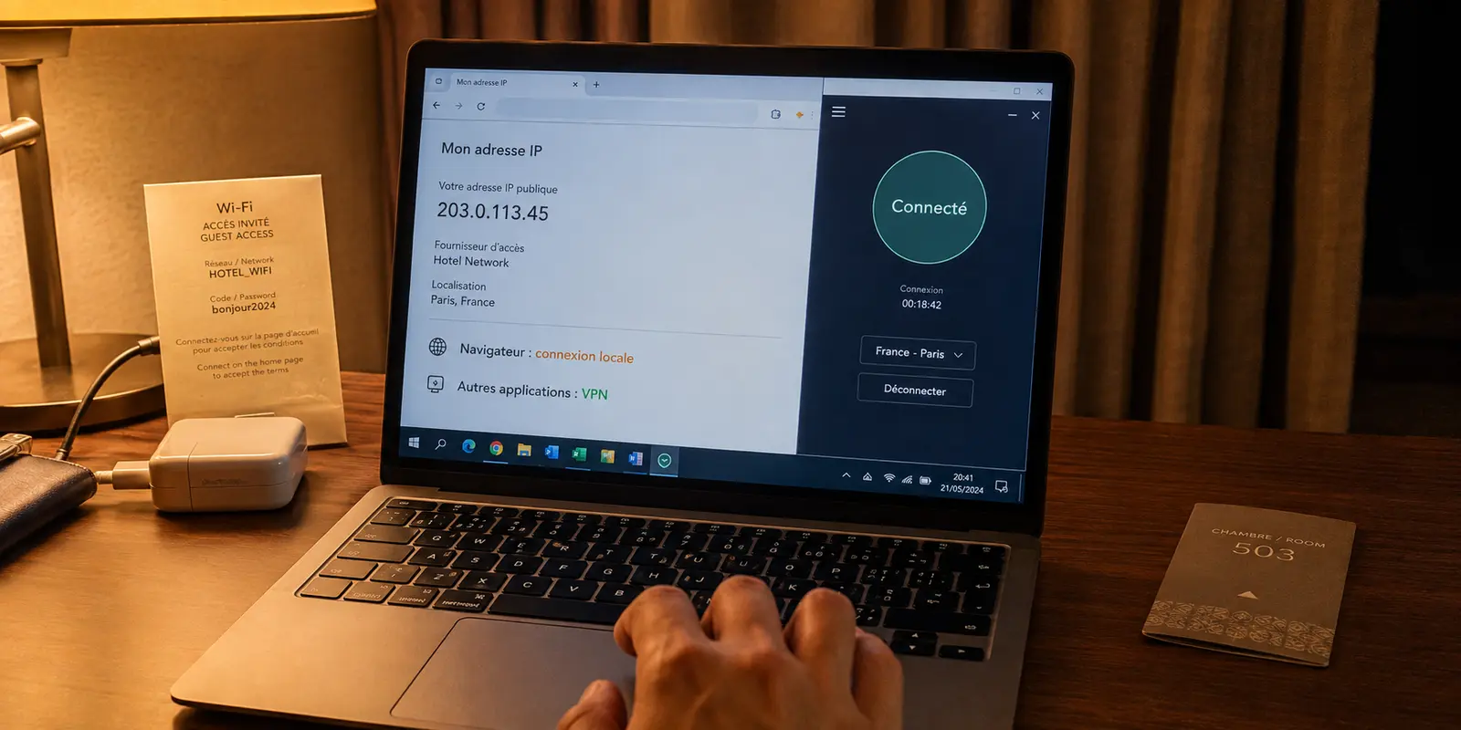 Dans une chambre d’hôtel, le VPN est connecté mais le navigateur utilise encore la connexion locale à cause d’une exclusion oubliée.