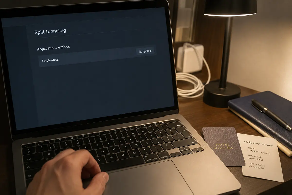 La liste de split tunneling contient encore le navigateur exclu à côté de la carte et des identifiants Wi-Fi de l’hôtel.