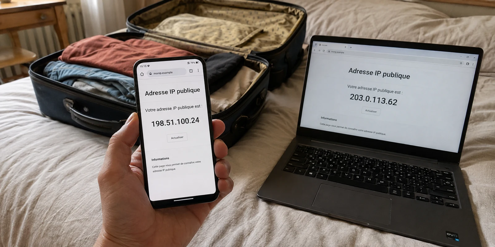 Avant le départ, le téléphone et le portable affichent deux adresses IP publiques différentes.