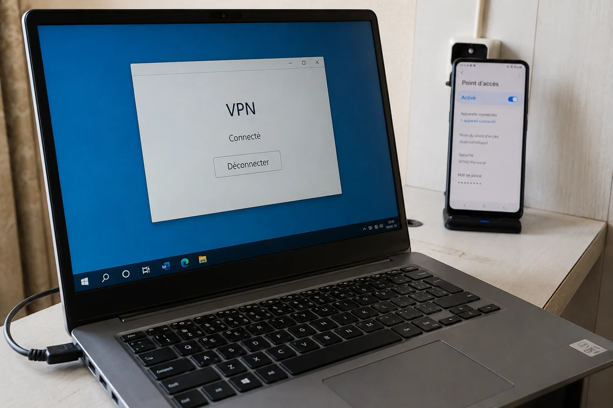 Le VPN est connecté sur le portable, tandis que le téléphone fournit le point d’accès.
