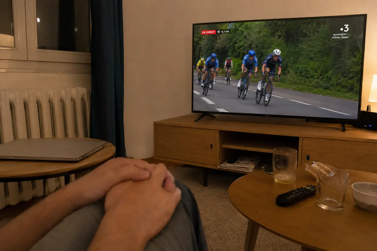 Un direct cycliste continue sur le téléviseur pendant que l’ordinateur reste fermé et que le spectateur regarde sans intervenir.
