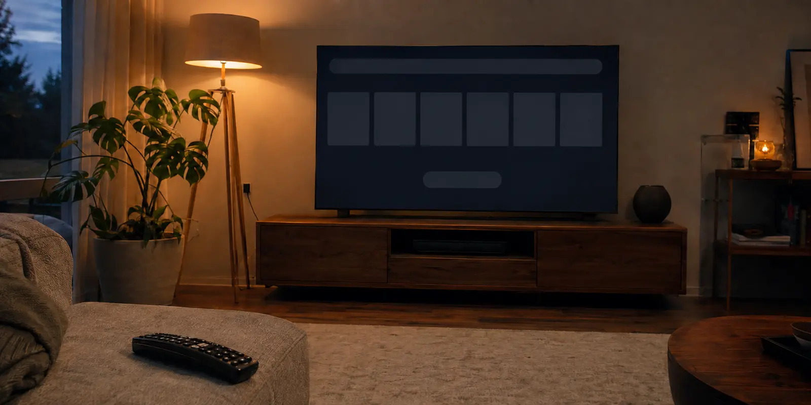 LG Smart TV mit erfolgloser App-Suche in einem Wohnzimmer