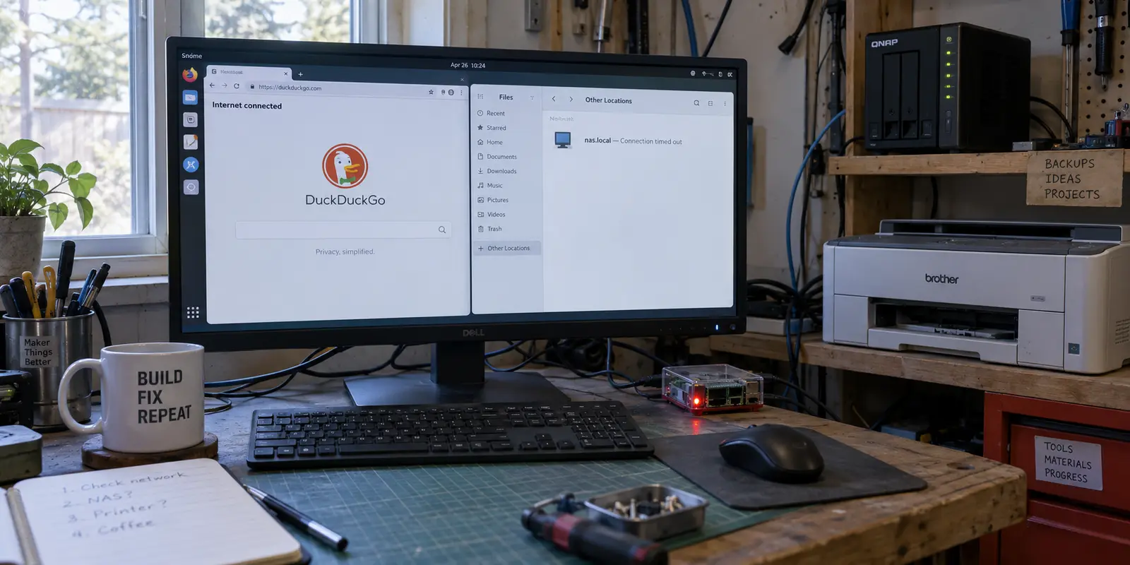 A Linux desktop browses the internet while its local NAS connection times out