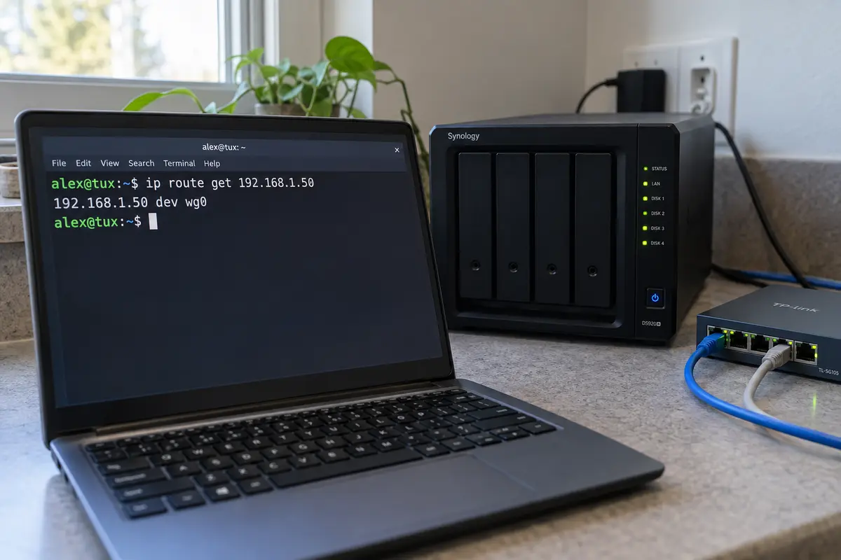Linux routes a local NAS address through the WireGuard interface wg0