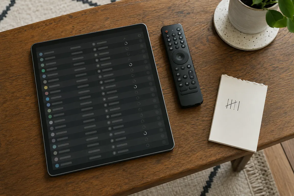 Une tablette affiche une longue liste de connexions à essayer à côté de la télécommande et de cinq essais notés.