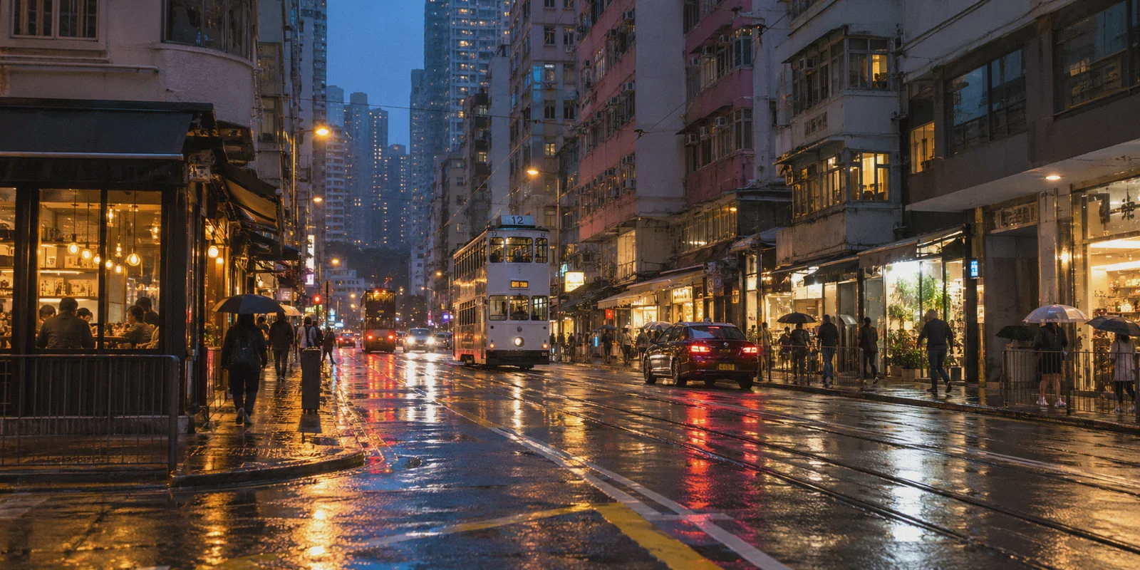 A tram passing through a wet Wan Chai street.
