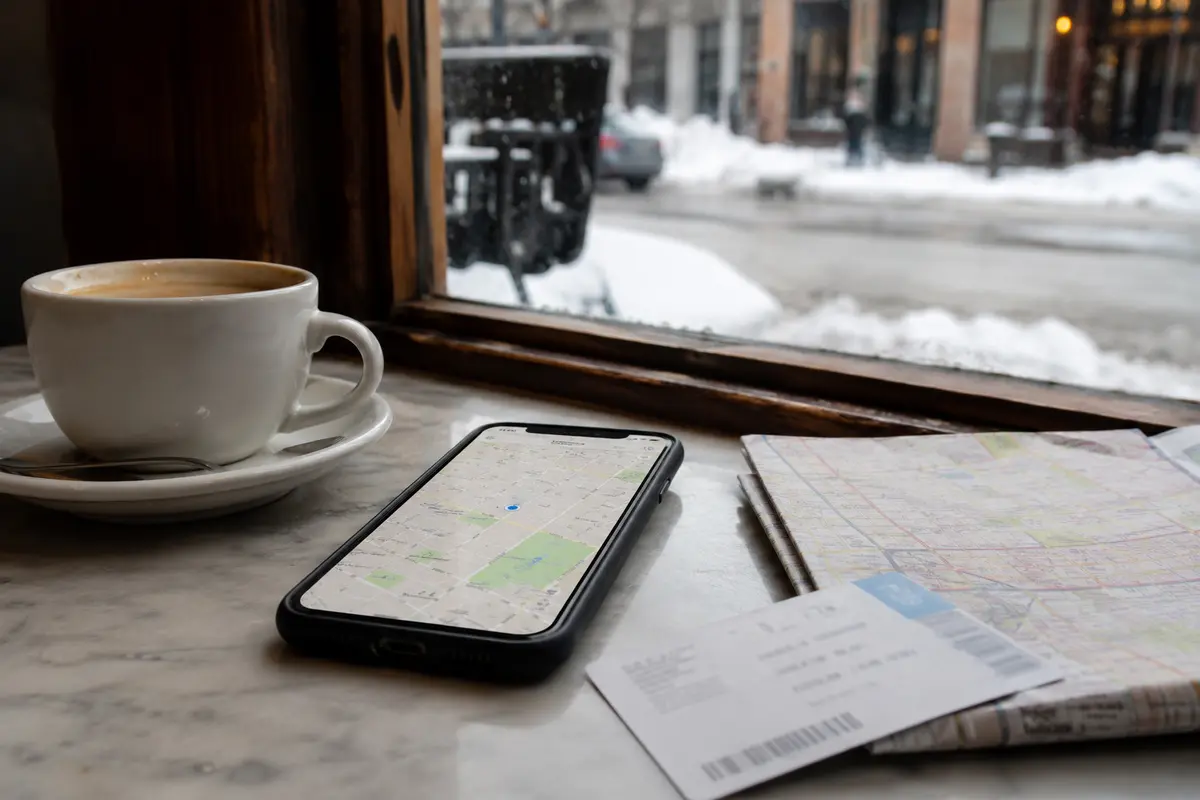 Téléphone affichant sa position réelle sur une carte dans un café enneigé de Montréal