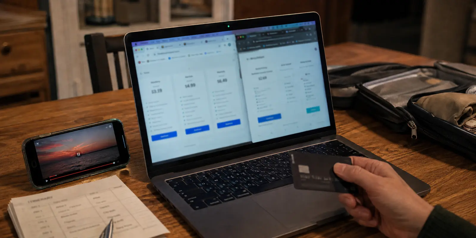Comprador compara ofertas de una VPN en un portátil y un vídeo de creador antes de usar su tarjeta