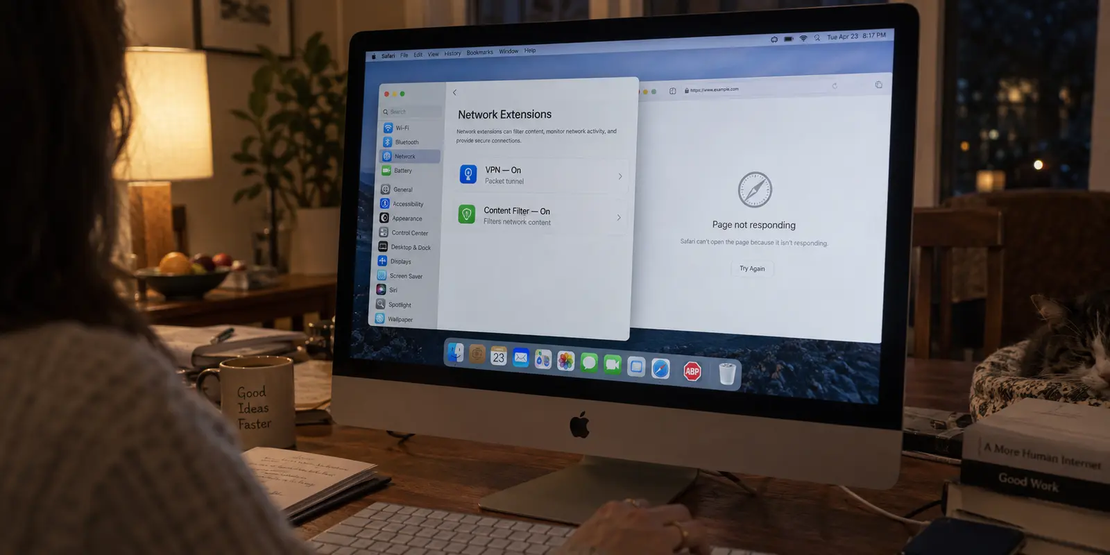 A Mac shows a VPN and content filter enabled while Safari stops responding