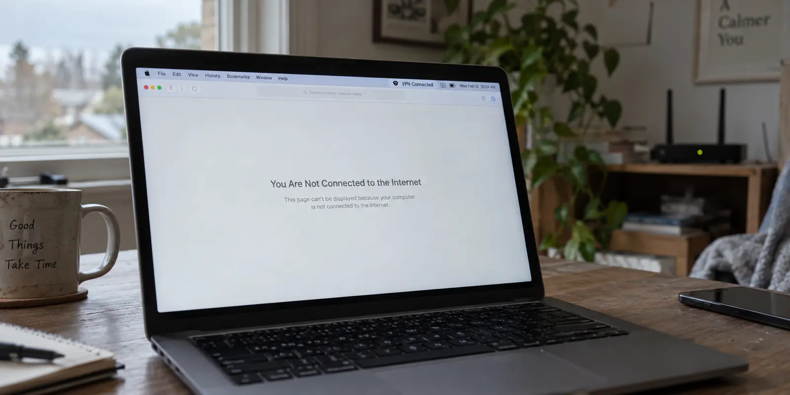 A laptop browser showing no internet while a VPN status remains connected