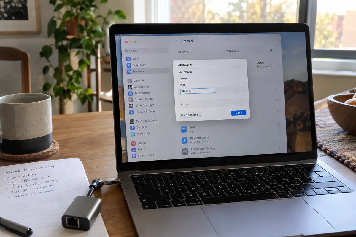 A clean macOS Network Location named VPN Test being created in System Settings