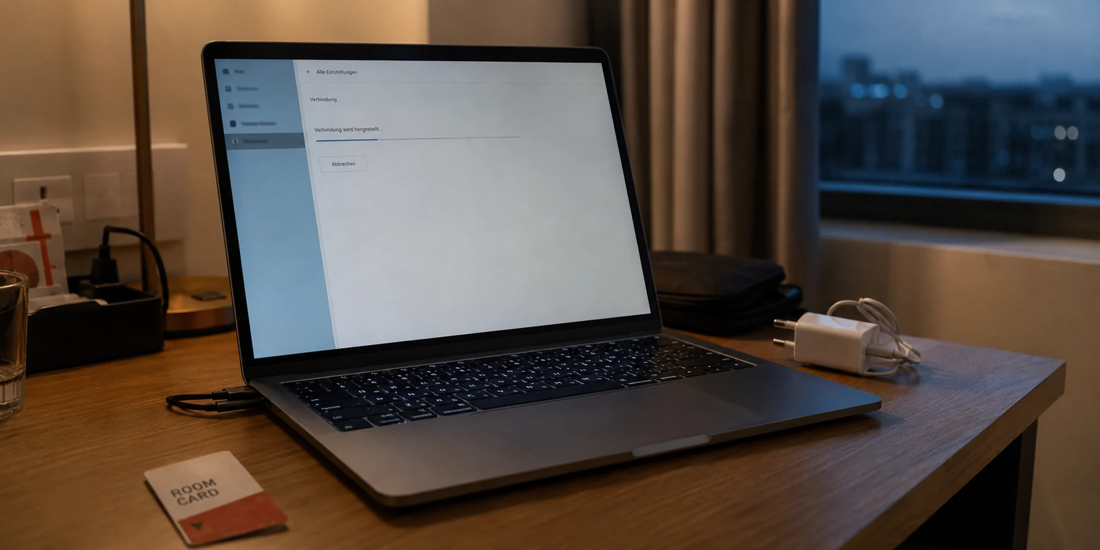 Laptop im Hotel mit einer nicht abgeschlossenen VPN-Verbindung
