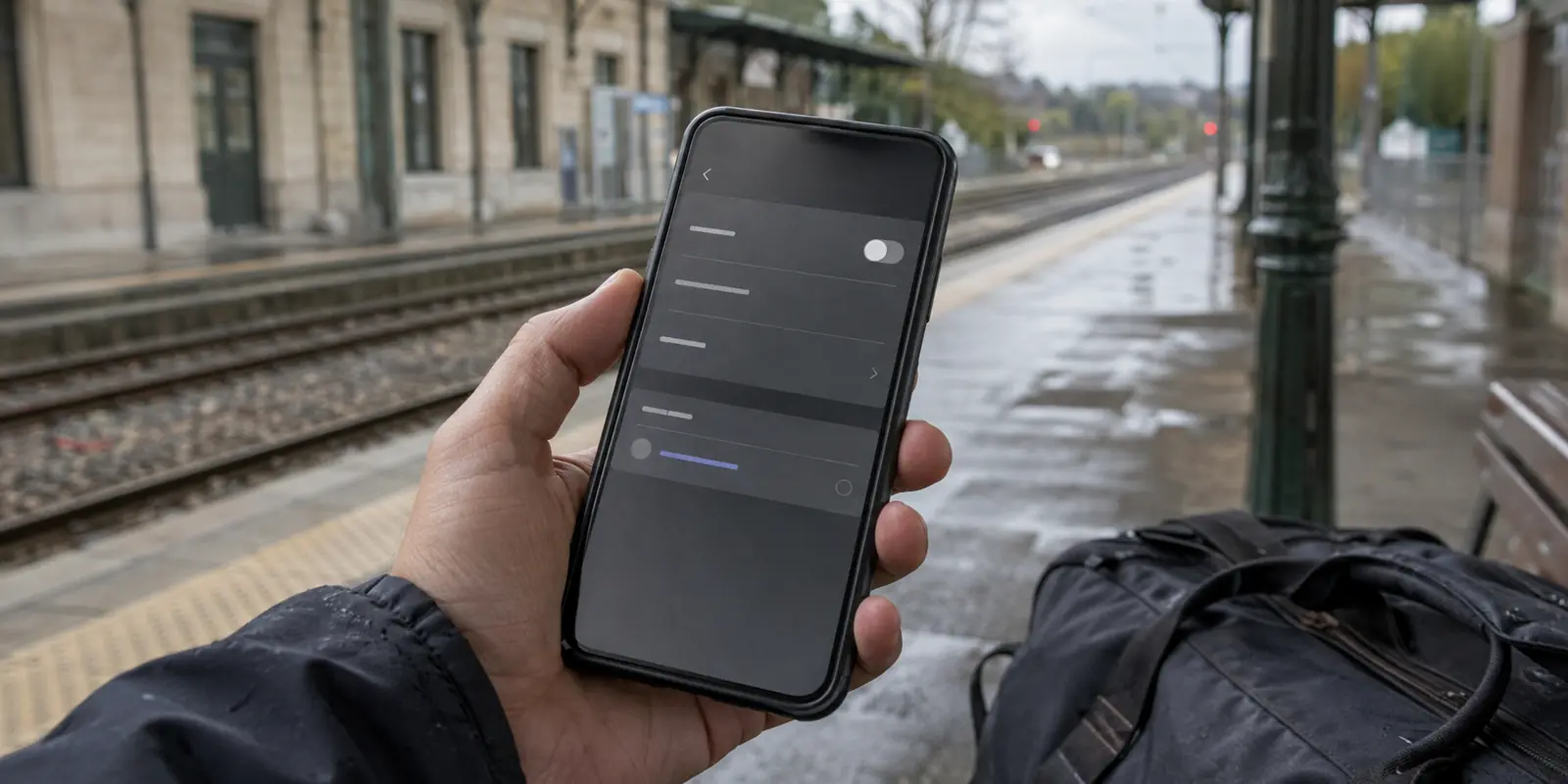 Smartphone mit inaktiver VPN-Verbindung an einem regnerischen Bahnsteig