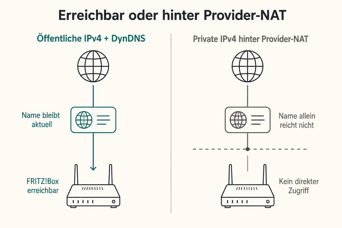 Vergleich zwischen einer erreichbaren öffentlichen IPv4 mit DynDNS und einer privaten IPv4 hinter Provider-NAT