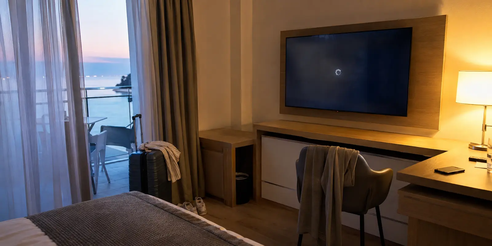 Ein Fernseher mit angehaltenem Stream in einem Hotelzimmer an der kroatischen Küste