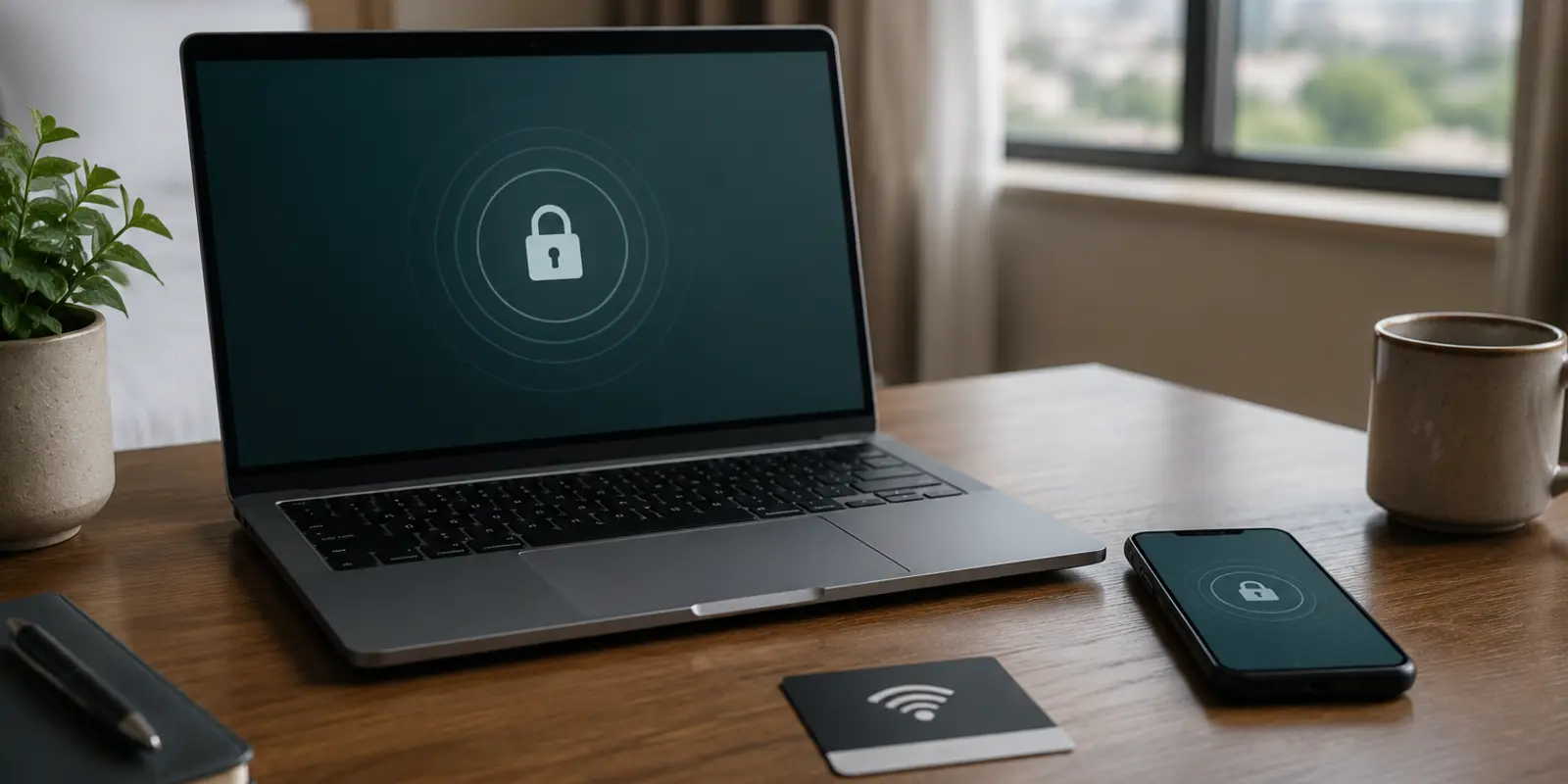 Laptop, Fernseher und Router in einer realistischen Reisesituation mit blockiertem oder unterbrochenem Zugriff.