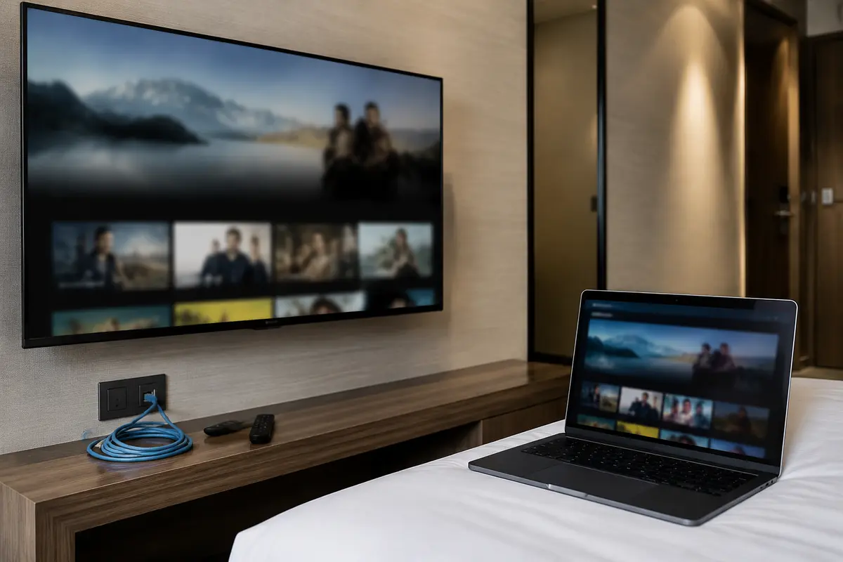 Laptop, Fernseher und Router in einer realistischen Reisesituation mit blockiertem oder unterbrochenem Zugriff.