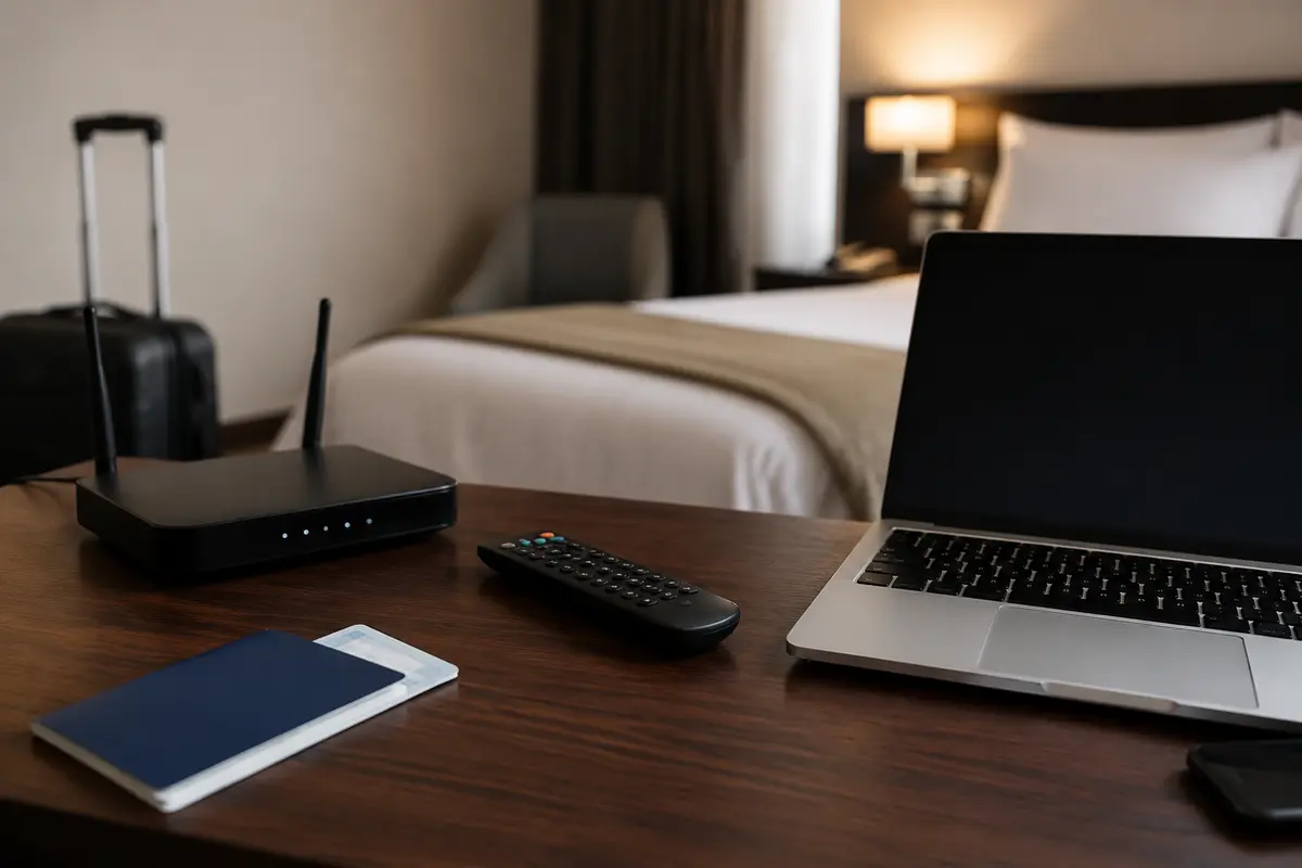 Laptop, Fernseher und Router in einer realistischen Reisesituation mit blockiertem oder unterbrochenem Zugriff.