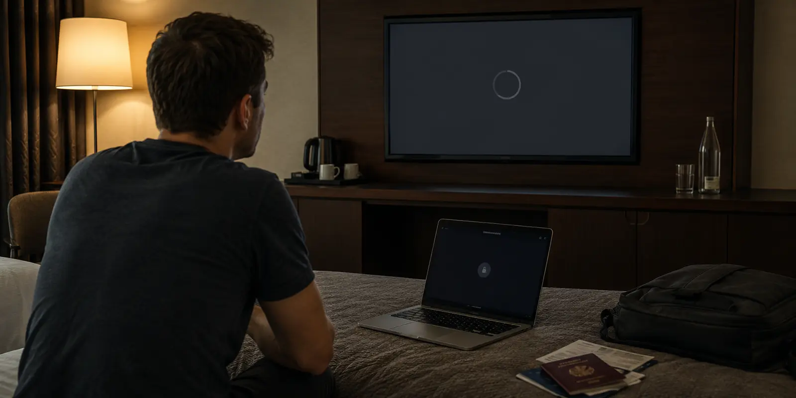 Laptop, Fernseher und Router in einer realistischen Reisesituation mit blockiertem oder unterbrochenem Zugriff.