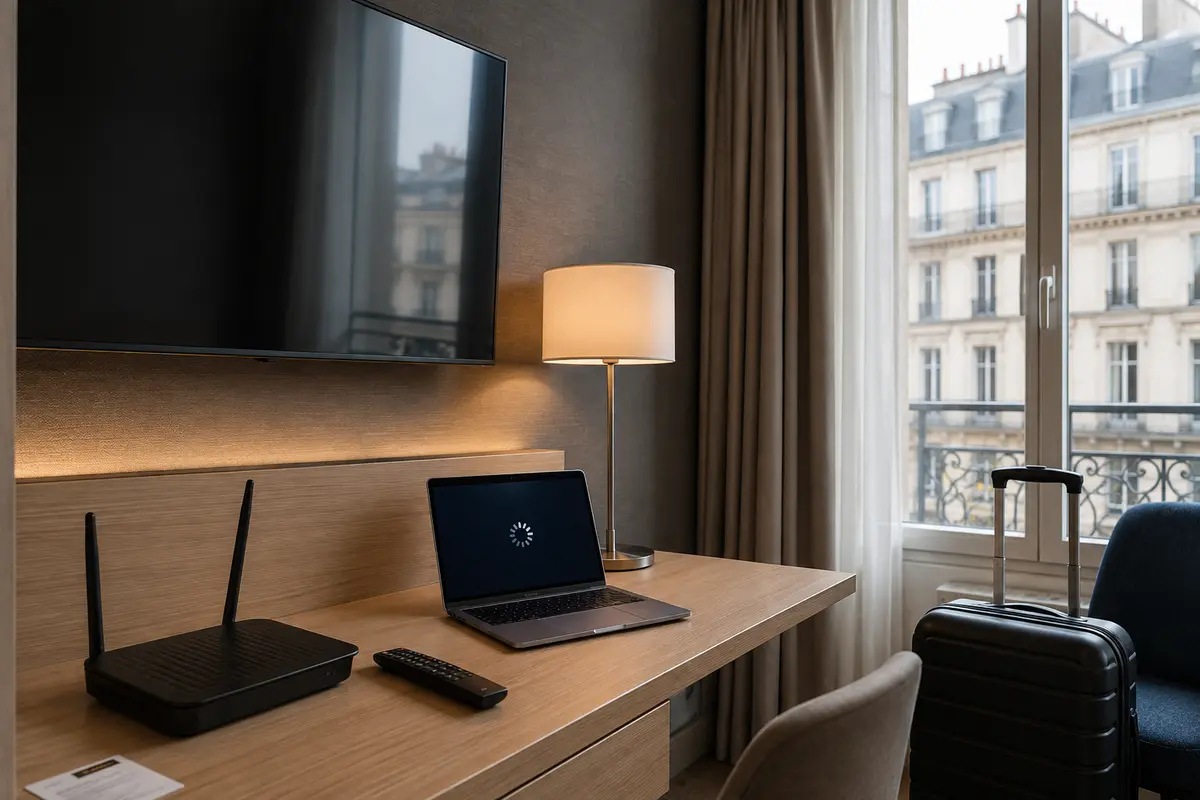 Laptop, Fernseher und Router in einer realistischen Reisesituation mit blockiertem oder unterbrochenem Zugriff.