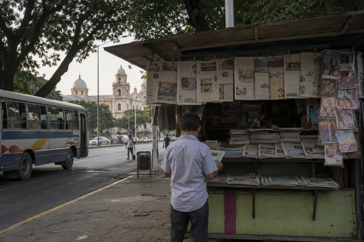 Persona leyendo prensa en un quiosco de Managua junto a una avenida concurrida