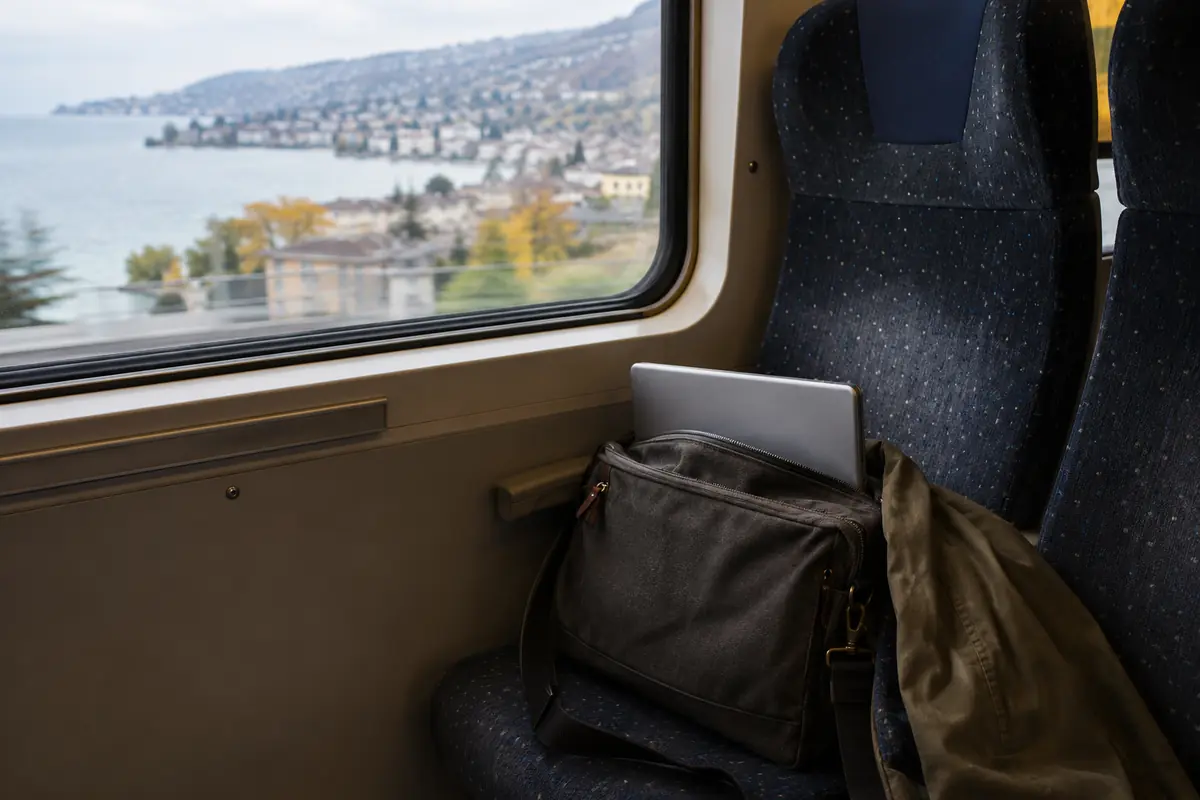 Un ordinateur fermé dans un sac de travail à bord d’un train longeant le Léman