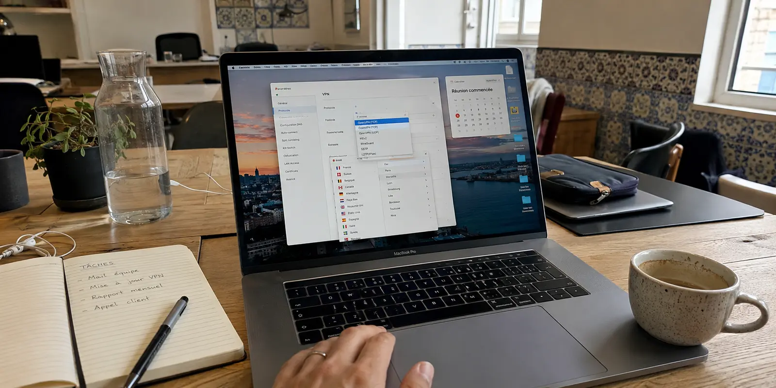 Un ordinateur de nomade numérique encore ouvert sur les réglages VPN alors que la réunion a déjà commencé