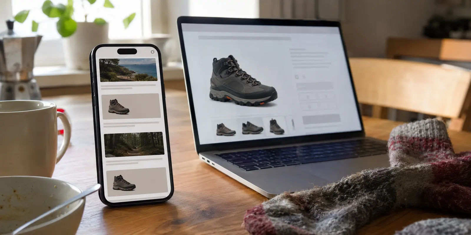 Les mêmes chaussures de randonnée réapparaissent sur un téléphone après avoir été consultées sur un ordinateur.