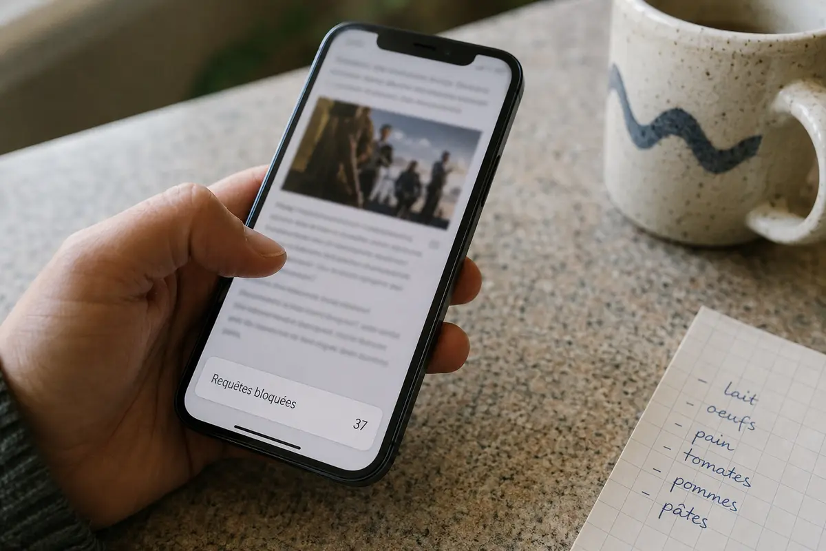 Un compteur de requêtes bloquées apparaît discrètement pendant la lecture d’un article sur téléphone.