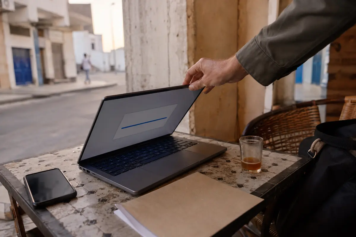 Ordinateur refermé après l'envoi d'un document depuis un café à Essaouira