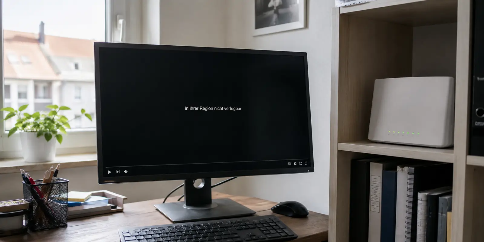 Ein Bildschirm in einer deutschen Wohnung meldet, dass ein Video in dieser Region nicht verfügbar ist