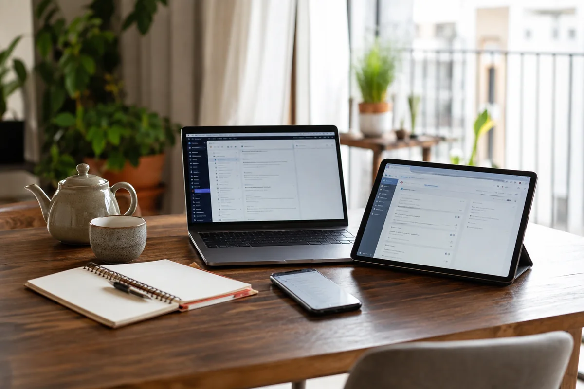 Portátil, tableta y teléfono con tareas de trabajo en una mesa doméstica